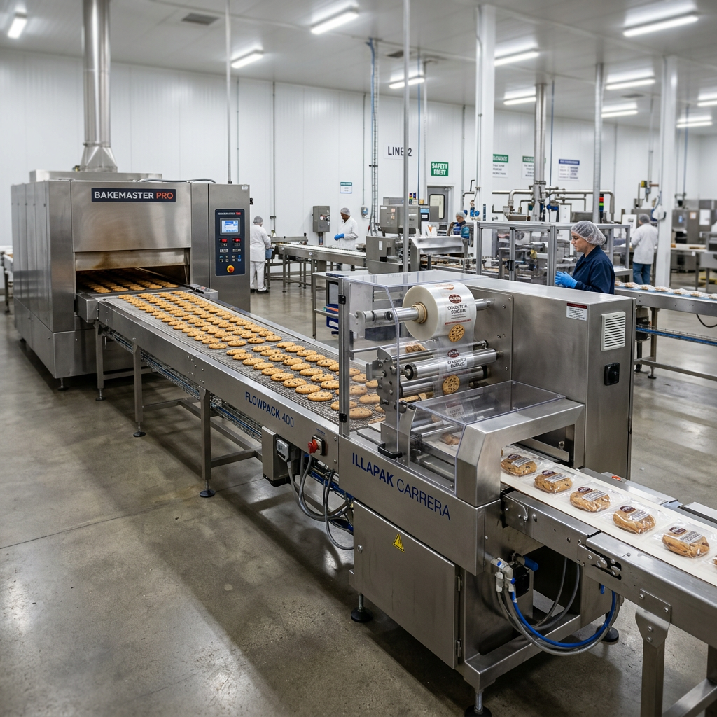 Artisan bakery production facility with fresh cookies, bars, and muffins on cooling racks