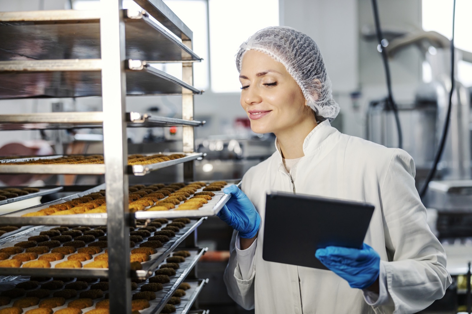Quality check on racks of fresh-baked test cookies during an R&D day at Spud House